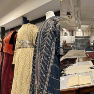 Opulent blue, yellow and red textiles on mannequins; two women at a textile weaving loom.